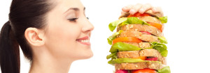 woman with huge healthy sandwich